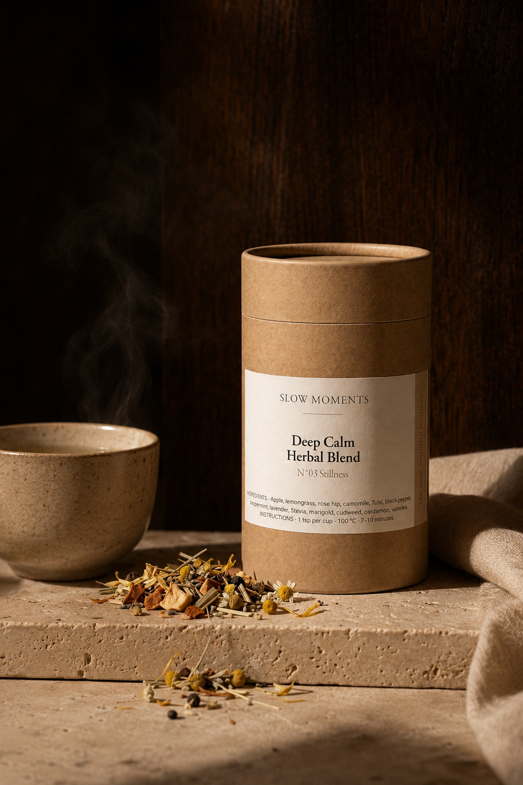 Deep Calm Herbal Blend van Slow Moments in een warm en luxueus avondritueel