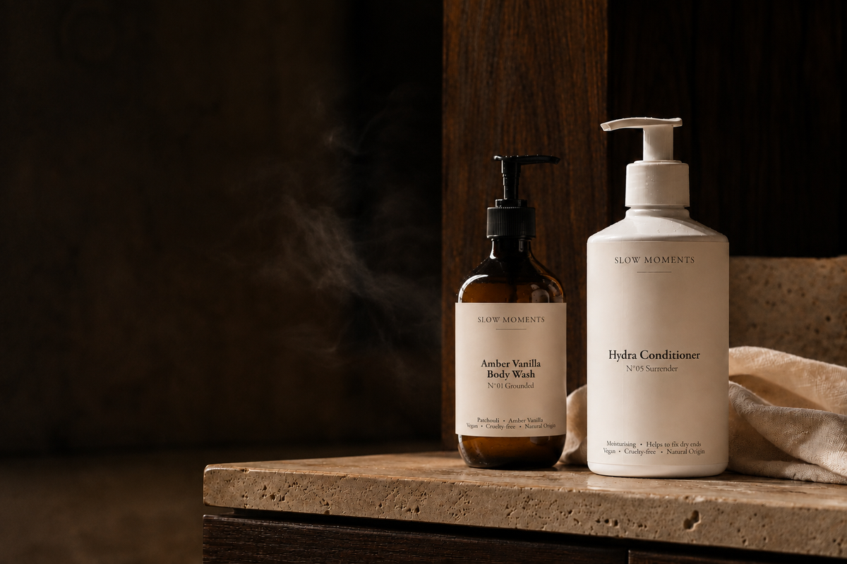 Slow Moments Amber Vanilla Body Wash en Hydra Conditioner in een luxueus wellnessritueel thuis