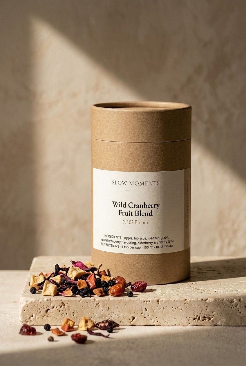 Koker Wild Cranberry losse fruitthee van Slow Moments op een travertijn plint